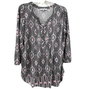 Women's Rose + Olive Pink, White, Black Paisley 3/4 Sleeve Size Large Blouse